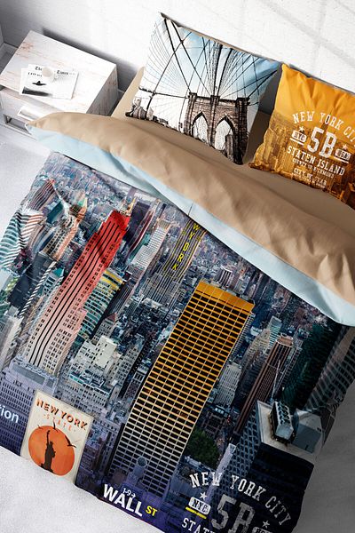 MonoHome 100% Cotton Satin Double Duvet Cover Set with Fitted Sheets New York