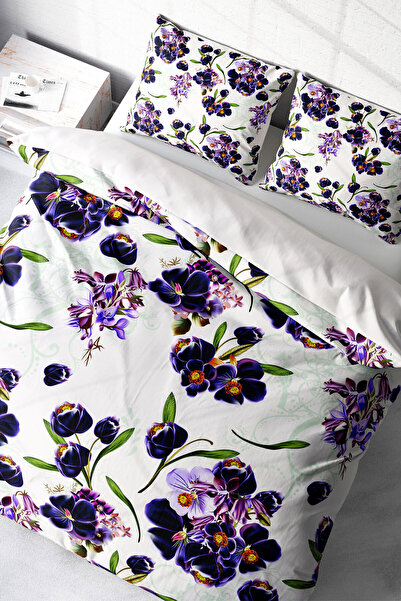 MonoHome Постільна білизна з гумкою, 100% бавовна, сатин, двоспальний комплект Purple Flowers
