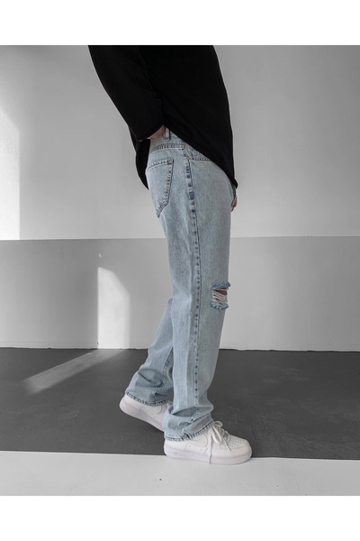 NO1 KONSEPT Ice Blue String σκισμένο φαρδύ παντελόνι