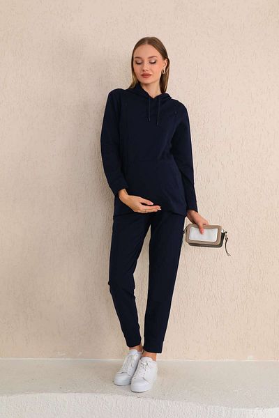 Miss Dünya Lissa Navy Blue Maternity and Maternity Hooded Sweatshirt Tracksuit Set