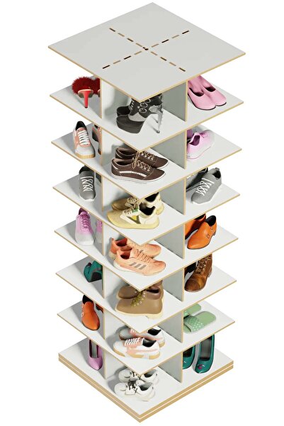 Mionte Flat-Pack 360° Dönen Ayakkabı Rafı, Dönen Ayakkabı Raf Kulesi, Orijinal 7 katmanlı (Beyaz, Kare)