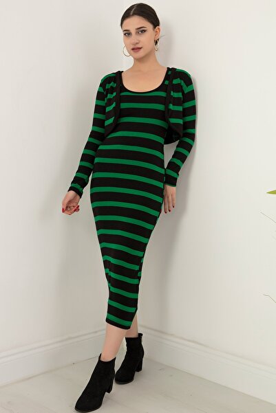 PULLIMM Çizgili Bolerolu Askılı Elbise Triko İkili Takım 2023-0037