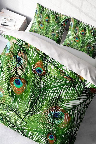 MonoHome 100% Cotton Satin Double Duvet Cover Set with Fitted Sheets Peacock Feathers