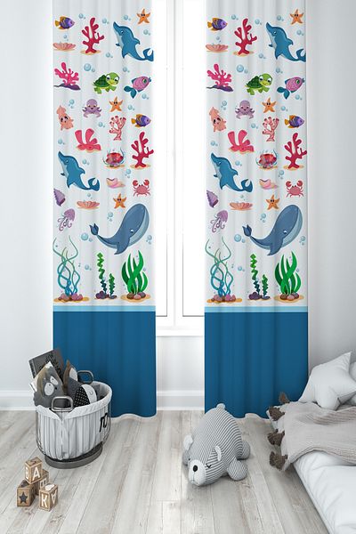 MASAL ODAM BABY AND KIDS ROOM Cute Sea Animals Patterned 2 Wings Background Curtain