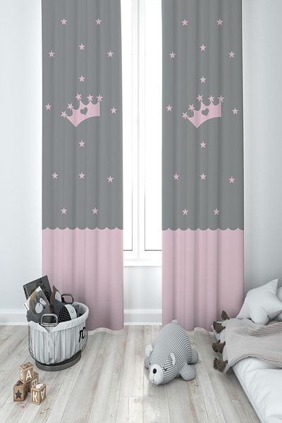 MASAL ODAM BABY AND KIDS ROOM Crown Star Patterned Framed 2 Wing Background Curtain