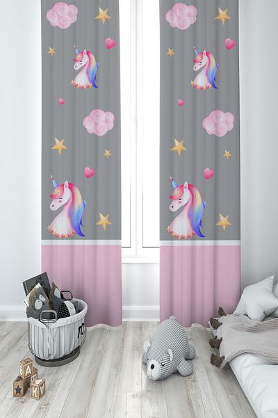 MASAL ODAM BABY AND KIDS ROOM Unicorn and Hopscotch Patterned 2 Wings Background Curtain