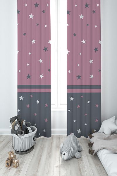 MASAL ODAM BABY AND KIDS ROOM Large Pink Star Patterned 2 Wing Background Curtain