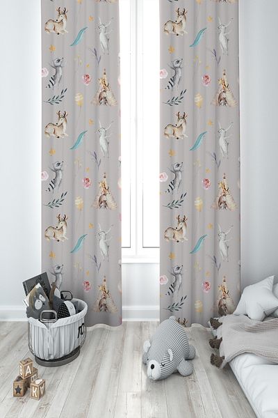 MASAL ODAM BABY AND KIDS ROOM Deer and Sweet Animals Patterned 2 Wing Background Curtain