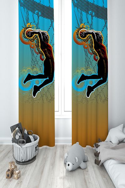 MASAL ODAM BABY AND KIDS ROOM Basketball Patterned 2 Wing Background Curtain