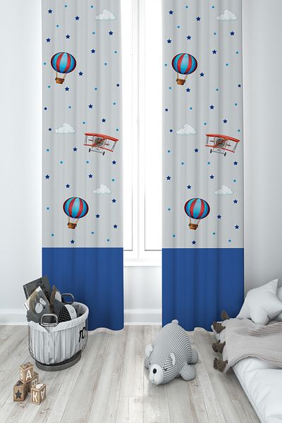MASAL ODAM BABY AND KIDS ROOM Airplane and Flying Balloon Patterned 2 Wing Background Curtain