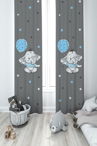 MASAL ODAM BABY AND KIDS ROOM Light Blue Elephant Balloon 2 Wings Background Curtain