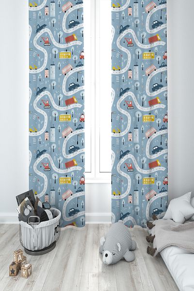 MASAL ODAM BABY AND KIDS ROOM Blue 2 Wing Background Curtain with Road and Trolley