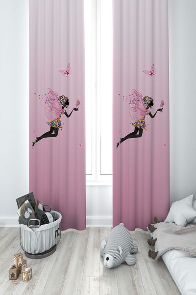 MASAL ODAM BABY AND KIDS ROOM Pink Flying Butterfly Princess Girl Patterned 2 Wings Background Curtain