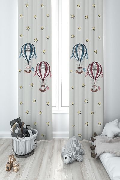 MASAL ODAM BABY AND KIDS ROOM Flying Balloon and Stars Patterned 2 Wing Background Curtain