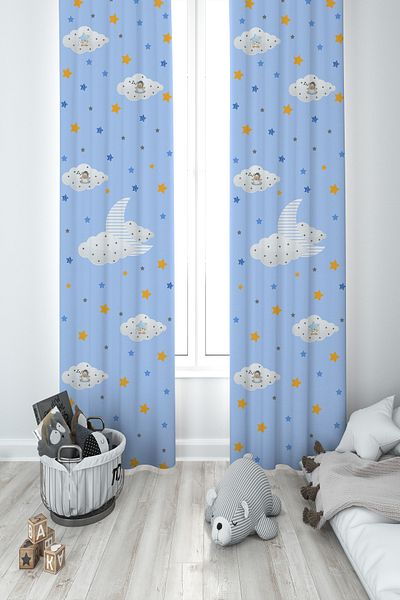 MASAL ODAM BABY AND KIDS ROOM 2 Wings Background Curtain with Lamb Pattern Sleeping on Cloud