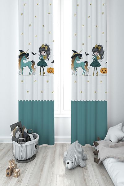 MASAL ODAM BABY AND KIDS ROOM Honey Pumpkin Unicorn Patterned 2 Wing Background Curtain