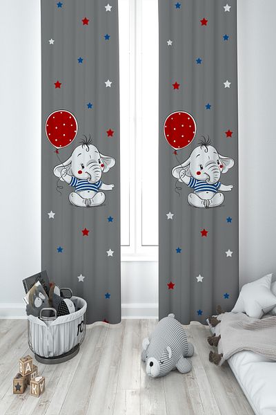 MASAL ODAM BABY AND KIDS ROOM Red Balloon Patterned 2 Wing Background Curtain with Elephant