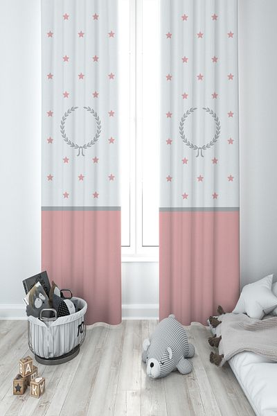 MASAL ODAM BABY AND KIDS ROOM Wreath and Star Patterned Pink Gray Framed 2 Wing Background Curtain
