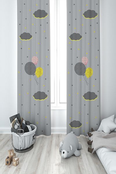 MASAL ODAM BABY AND KIDS ROOM Gray Background Ballooned Starry Cloud Patterned 2 Wing Background Curtain