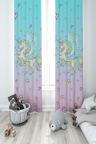 MASAL ODAM BABY AND KIDS ROOM Flying Unicorn Patterned 2 Wings Background Curtain