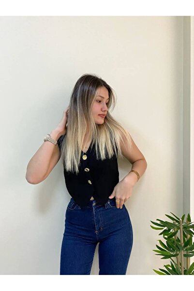 HARMONY GLOBAL Tricotaj cu nasturi aurii cu decolteu în V Vestă neagră