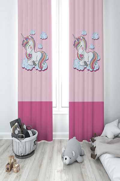 MASAL ODAM BABY AND KIDS ROOM Cloudy Unicorn Patterned 2 Wings Background Curtain