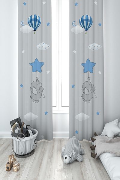 MASAL ODAM BABY AND KIDS ROOM Blue Star Elephant Patterned 2 Wing Background Curtain