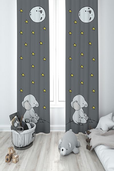 MASAL ODAM BABY AND KIDS ROOM Moon and Elephant Patterned 2 Wing Background Curtain