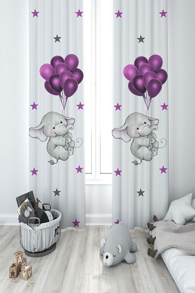 MASAL ODAM BABY AND KIDS ROOM 2 Wings Background Curtain with Elephant and Purple Balloon Pattern