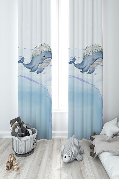 MASAL ODAM BABY AND KIDS ROOM Blue Whale Patterned 2 Wings Background Curtain