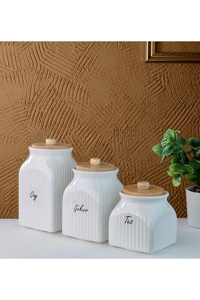 Kitchen Pembelia Set of 2 6 Pieces Striped Porcelain Oil Pot with Bamboo Stand and 3 Pieces Tea Candy Salt Jar