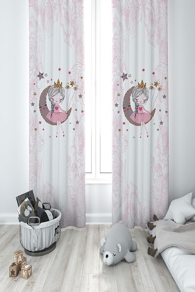 MASAL ODAM BABY AND KIDS ROOM Girl Sitting on the Moon Patterned Motif 2 Wings Background Curtain