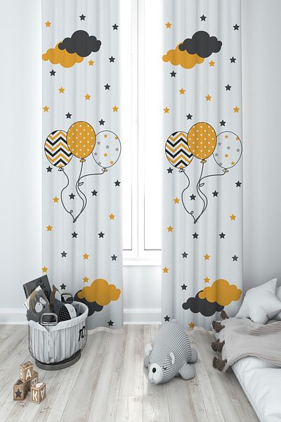 MASAL ODAM BABY AND KIDS ROOM Three Balloons Star Patterned 2 Wings Background Curtain