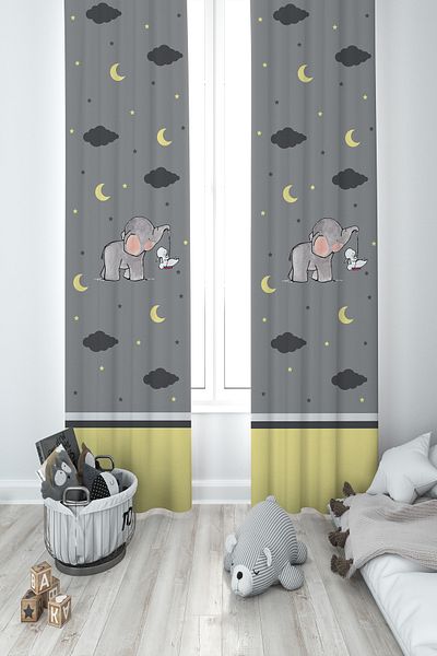 MASAL ODAM BABY AND KIDS ROOM Elephant and Rabbit Patterned Gray 2 Wing Background Curtain