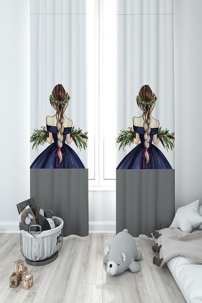 MASAL ODAM BABY AND KIDS ROOM Braided Hair Floral Girl Patterned 2 Wing Background Curtain