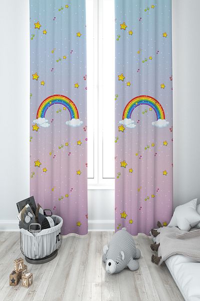 MASAL ODAM Baby and Children's Room Hopscotch and Rainbow Patterned 2 Wing Background Curtain