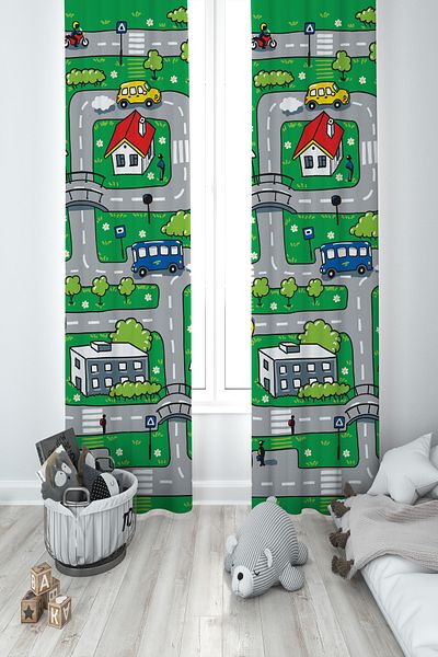 MASAL ODAM BABY AND KIDS ROOM City and Road Patterned Green 2 Wing Background Curtain