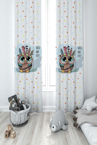 MASAL ODAM BABY AND KIDS ROOM Owl Patterned 2 Wings Background Curtain