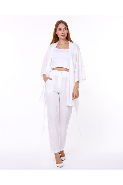 1Moda1Tarz Women's White Aerobin Fabric Top Belted Cardigan Bottom Elastic Pocket Buttoned Trousers Bottom Top Set Kimono