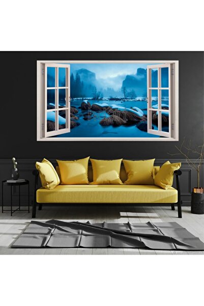 HDART Soyut Dekoratif Açılır Pencere Görünümlü Kış Kar Göl Kaya Ağaç Manzaral...