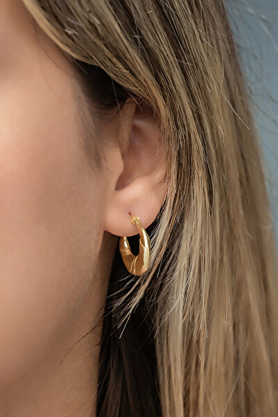 Nereze 925 Ayar Gümüş Gold Kaplama Taşsız Çizgili Şarnel Küpe