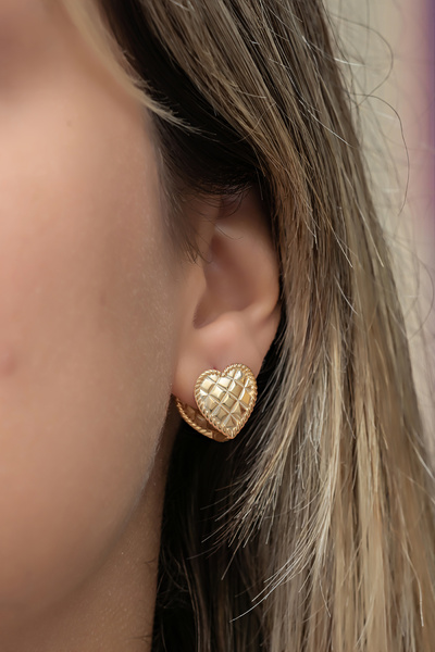 Nereze 925 Ayar Gümüş Gold Kaplama Çift Taraflı Kalp Küpe