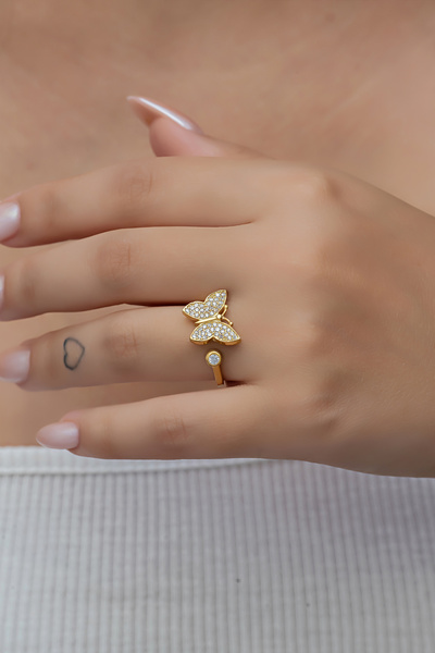 Nereze 925 Ayar Gümüş Ayarlanabilir Gold Kelebek Yüzük