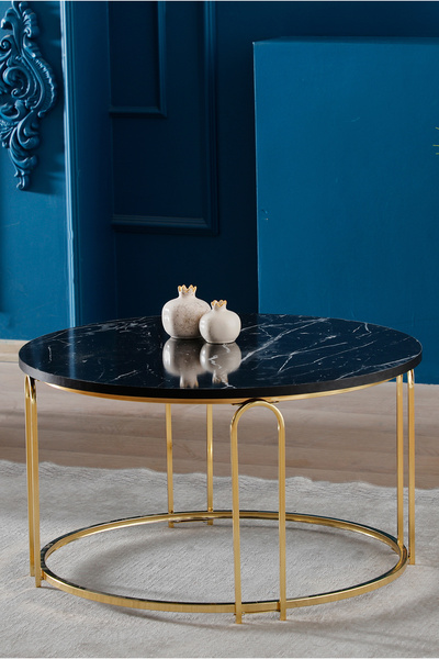 SEDAŞ LIVING UNITS Lenka Orta Sehpa Yuvarlak Ahşap Gümüş Metal Siyah Mermer A...