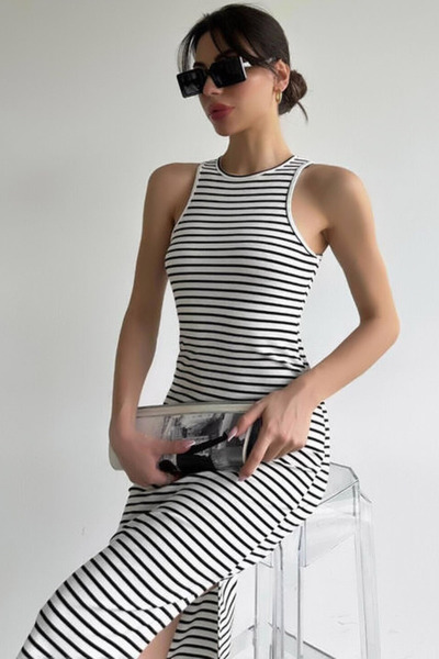 CoolLook Çizgili Halter Yakalı Kolsuz Likralı Esnek Yırtmaçlı Sıfır Kol Diz A...