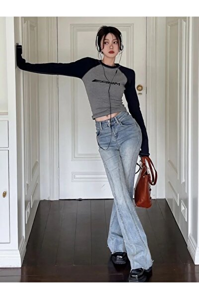 Köstebek Black Raglan Sleeve Racing ARM Crop Sweatshirt