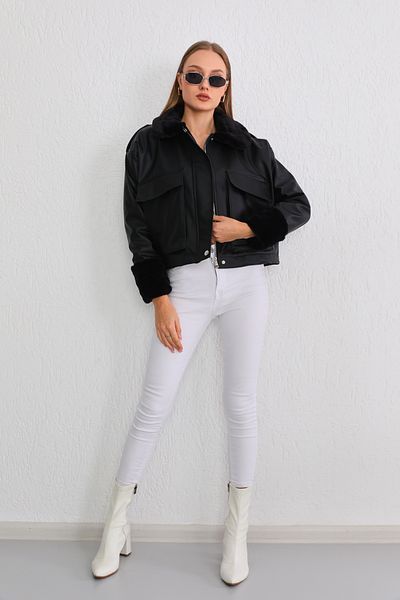 BİKELİFE Women's Silk Oversize Leather Coat with Pocket Detail and Elastic Waist