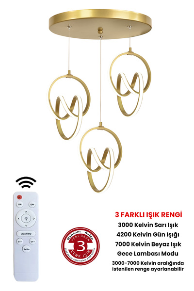 RANSOM 3 Renk Kumandalı Gold Kasa Dimmerli Led Avize İmza 3'lü Ledli Avize