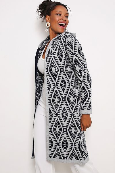 AVORWE Geometric Patterned Hooded Sweater Cardigan