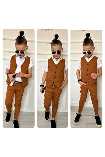 Generic Brand Boy's Gabardine Vest / Shirt / Gabardine Trousers / Belt 4-Piec...